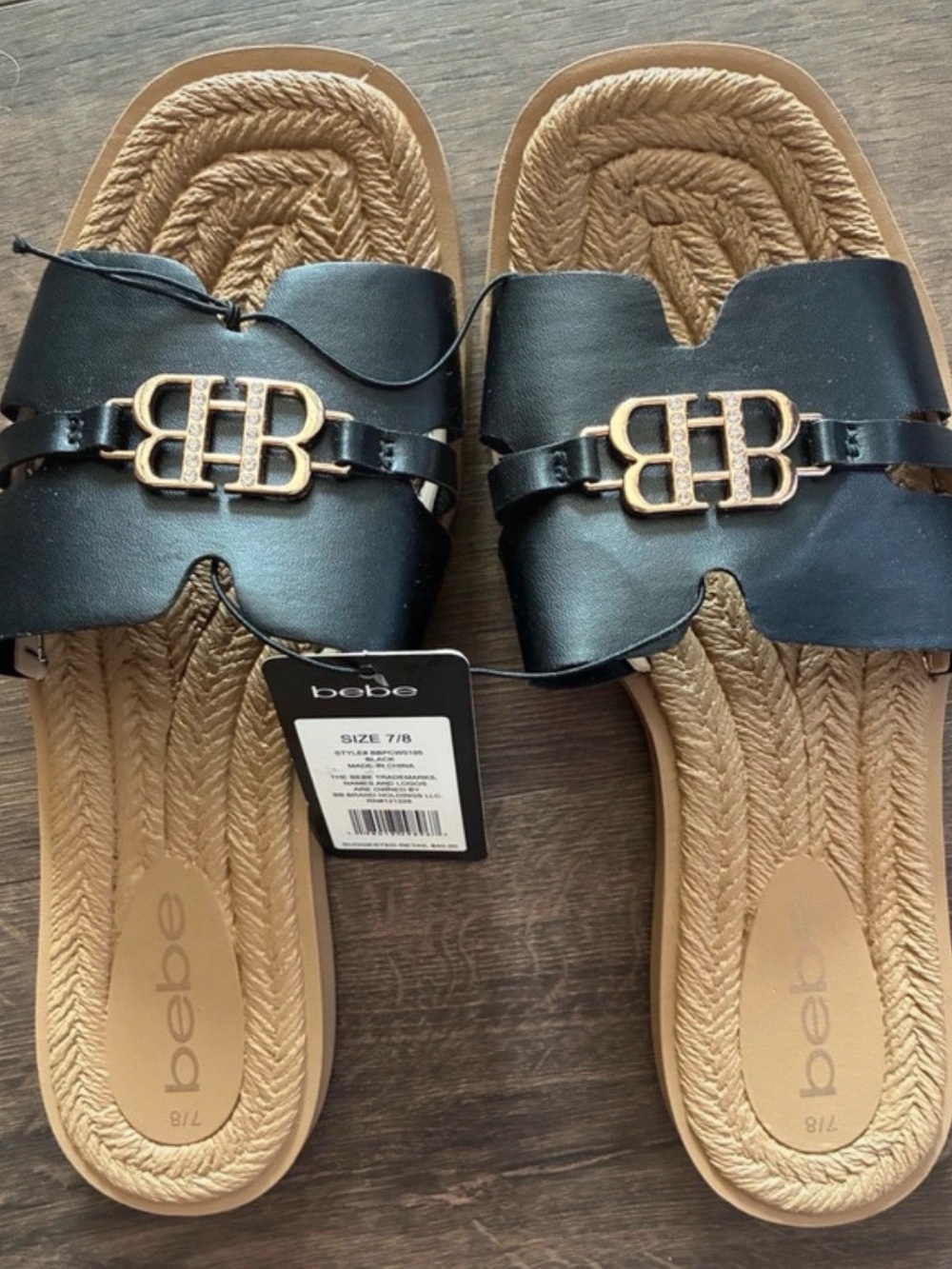 bebe ~Black Slide Sandals with Gold BB Logo